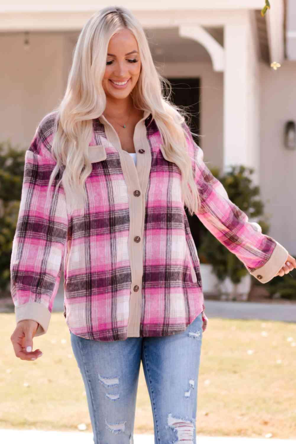 Double Take Plaid Contrast Detail Shacket - Immenzive