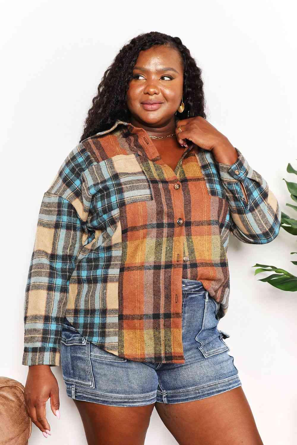 Double Take Plaid Curved Hem Shirt Jacket with Breast Pockets - Immenzive