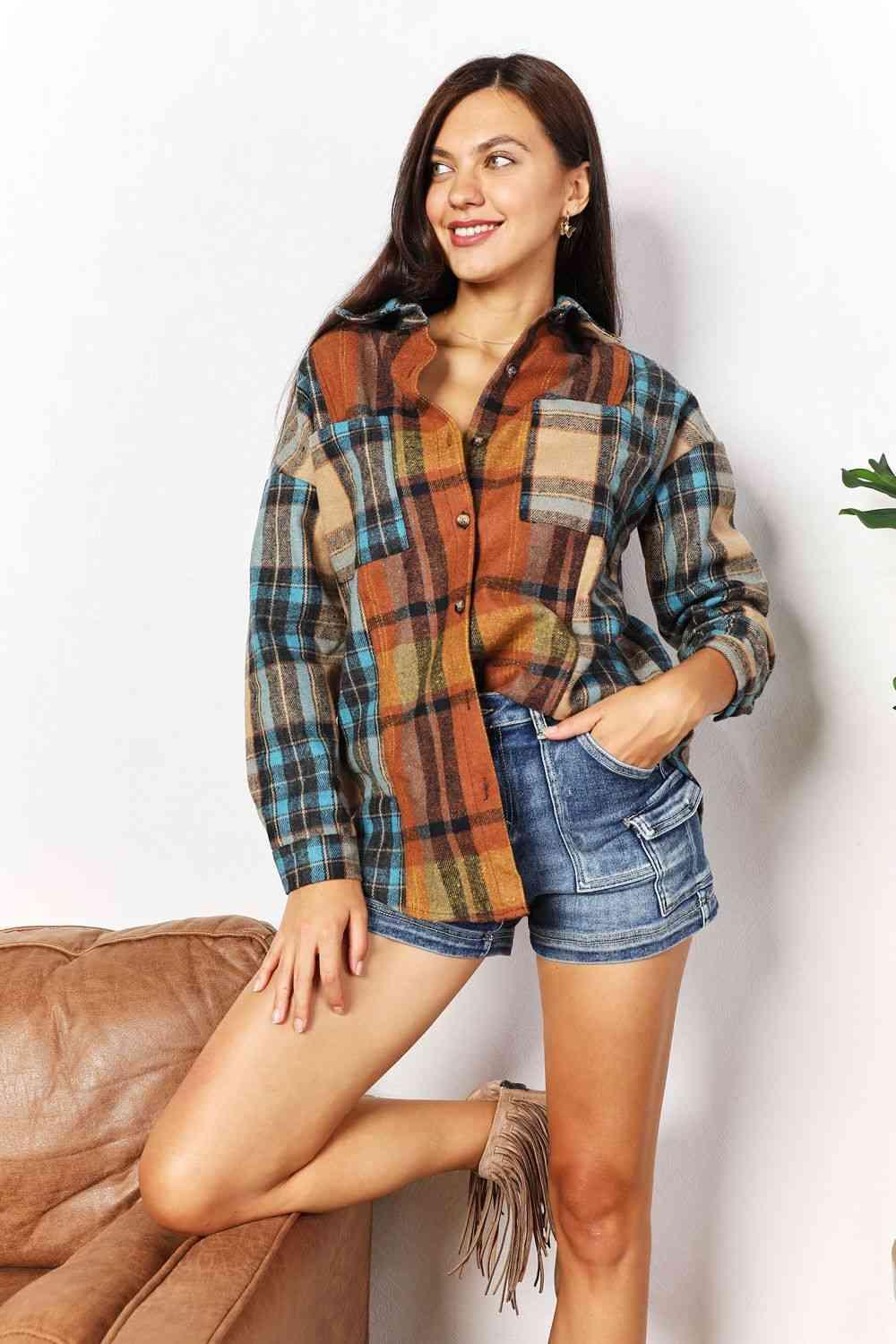 Double Take Plaid Curved Hem Shirt Jacket with Breast Pockets - Immenzive
