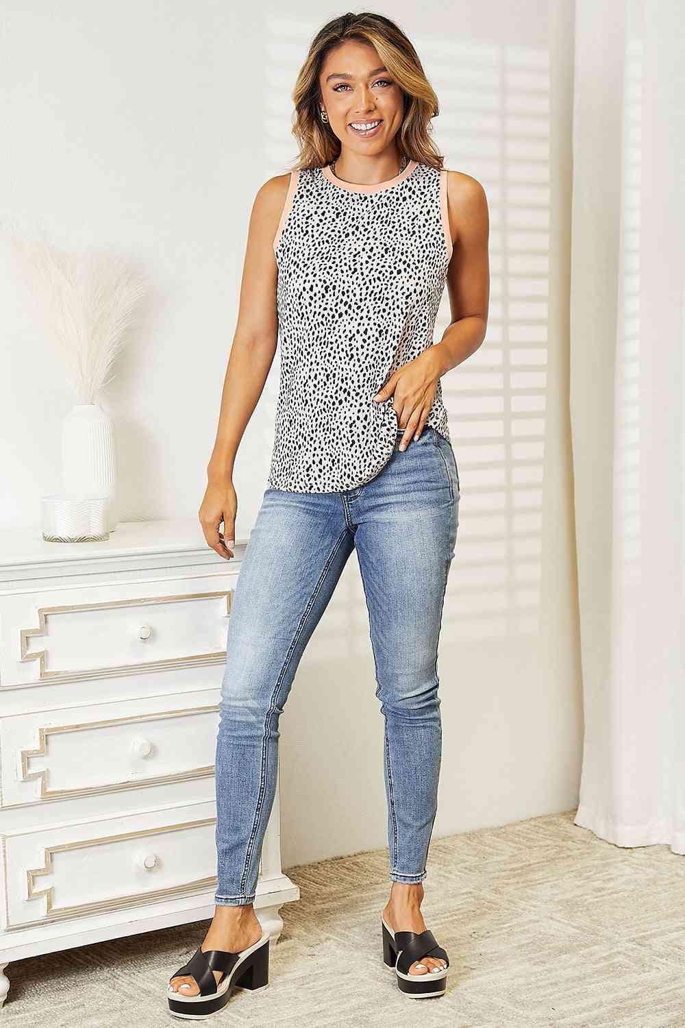 Double Take Printed Round Neck Tank - Immenzive