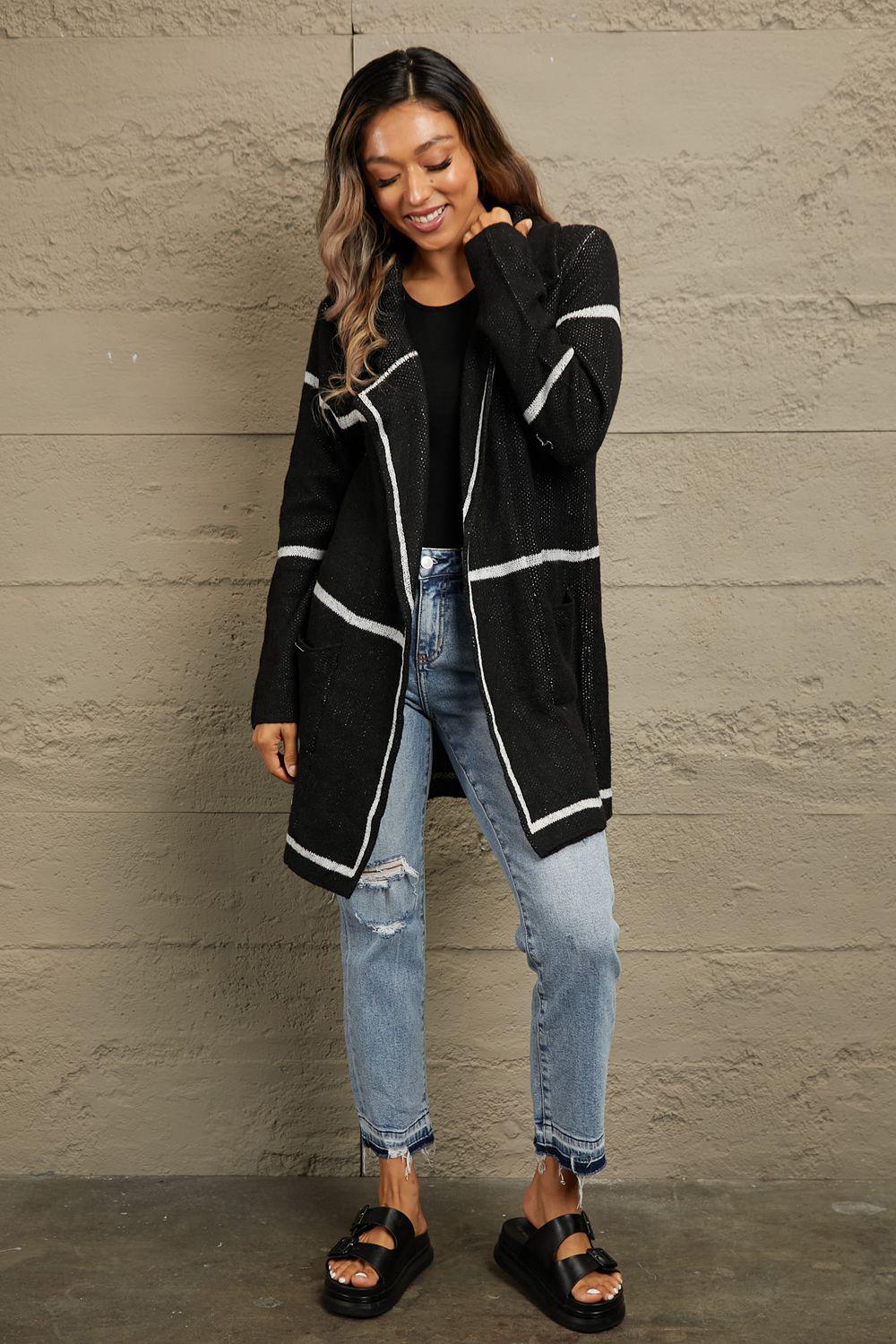 Double Take Striped Contrast Open Front Lapel Collar Cardigan with Pockets - Immenzive