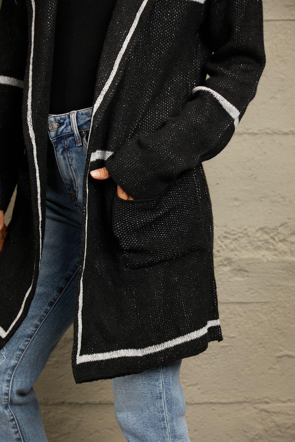 Double Take Striped Contrast Open Front Lapel Collar Cardigan with Pockets - Immenzive