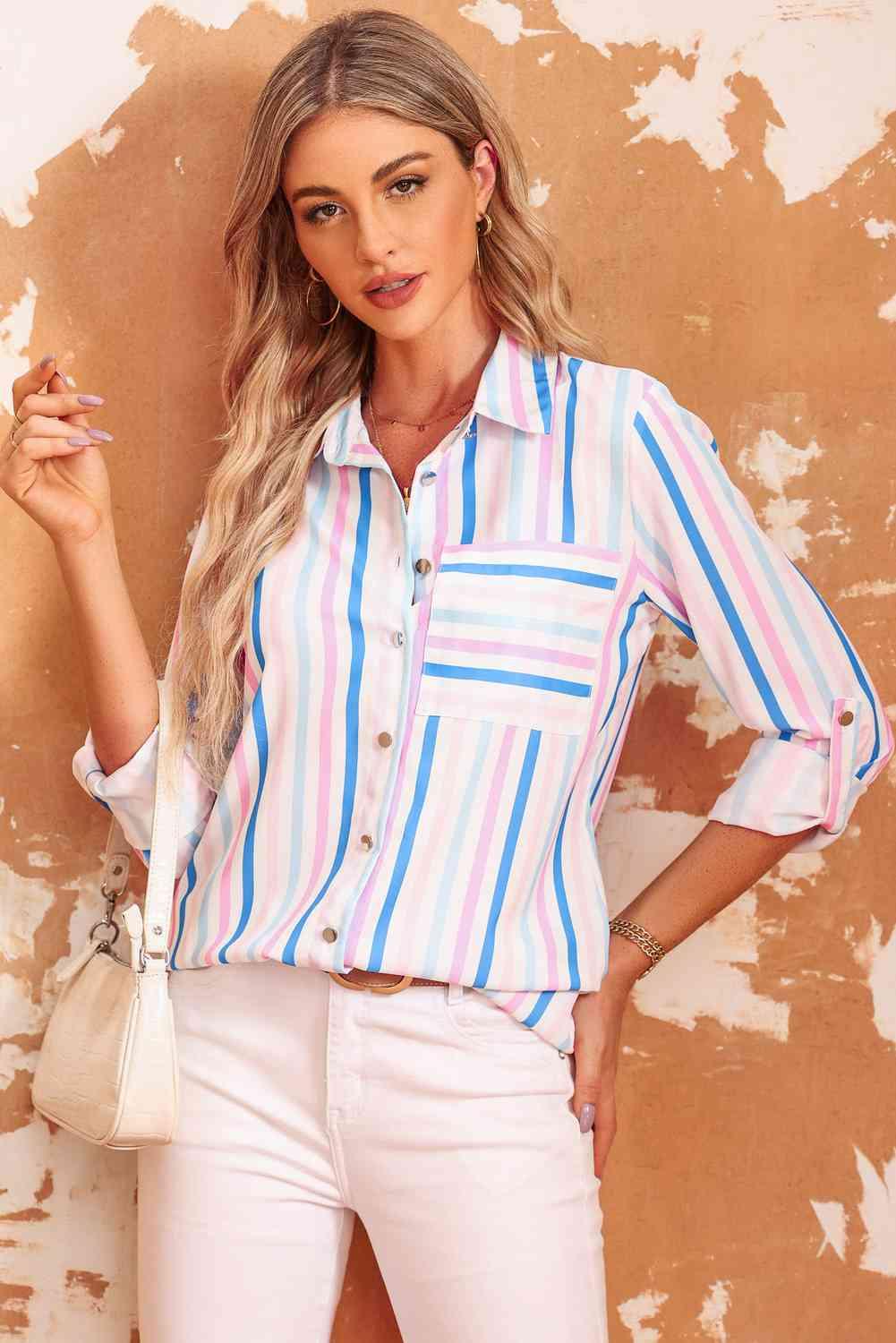 Double Take Striped Long Sleeve Collared Shirt - Immenzive