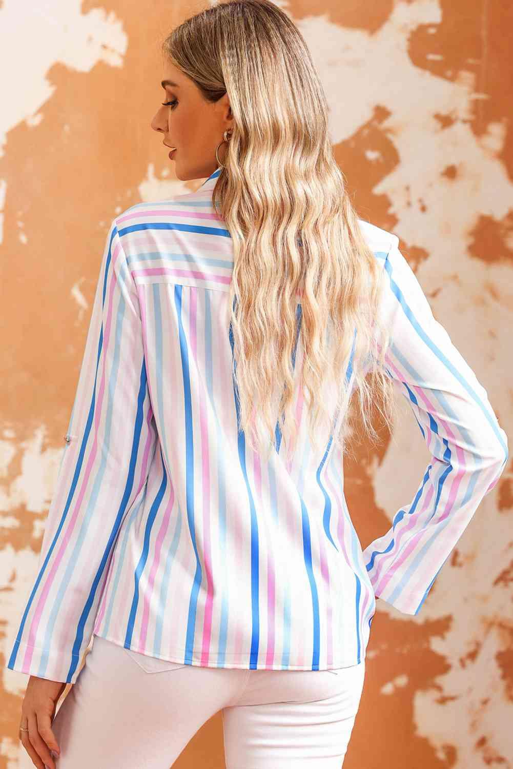 Double Take Striped Long Sleeve Collared Shirt - Immenzive