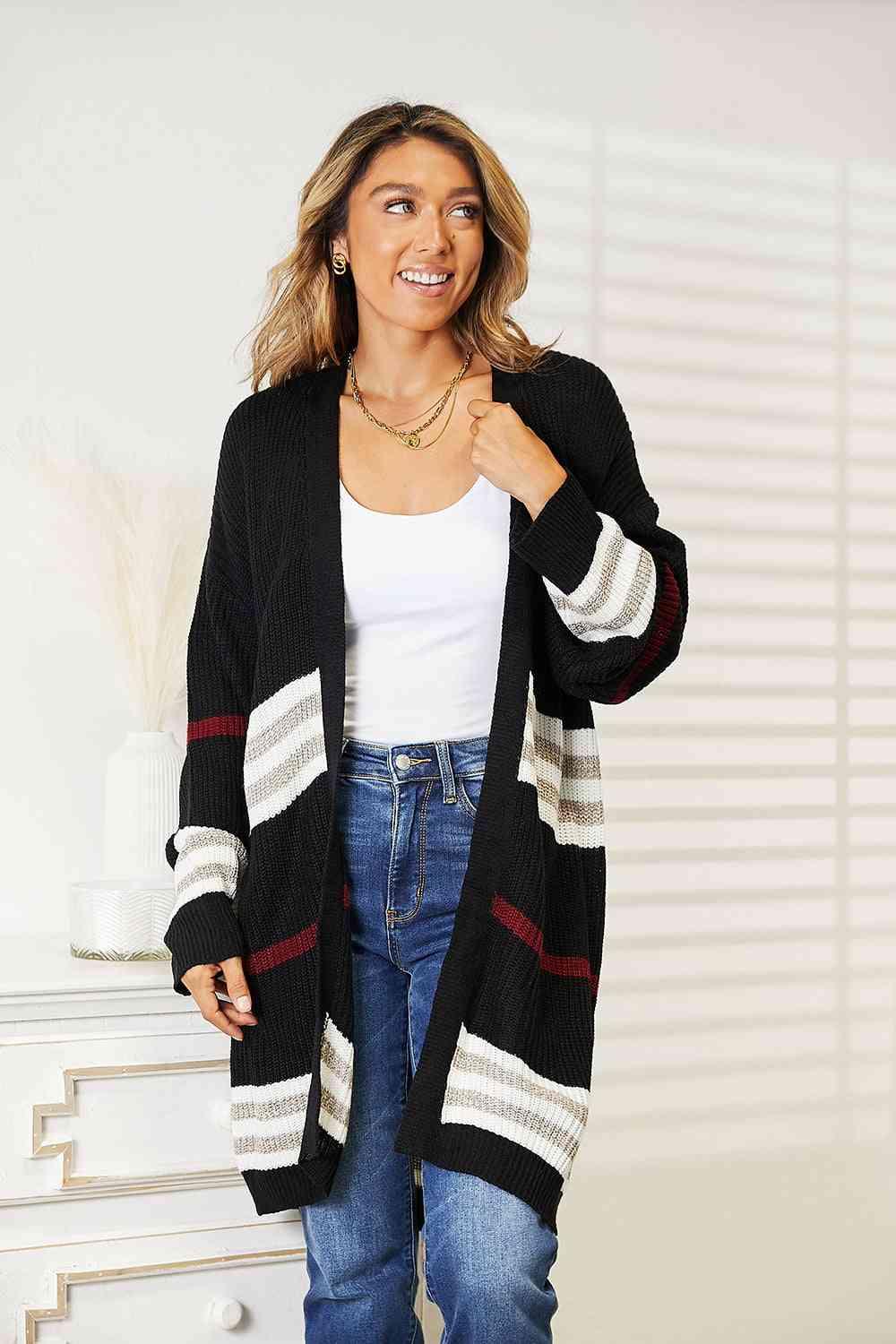 Double Take Striped Rib-Knit Drop Shoulder Open Front Cardigan - Immenzive