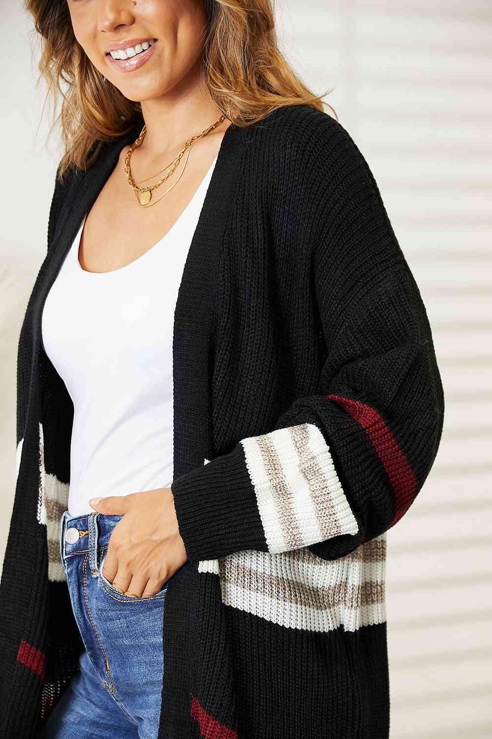 Double Take Striped Rib-Knit Drop Shoulder Open Front Cardigan - Immenzive