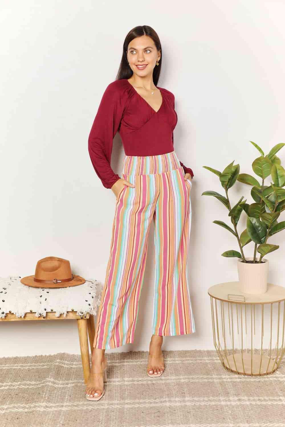 Double Take Striped Smocked Waist Pants with Pockets - Immenzive