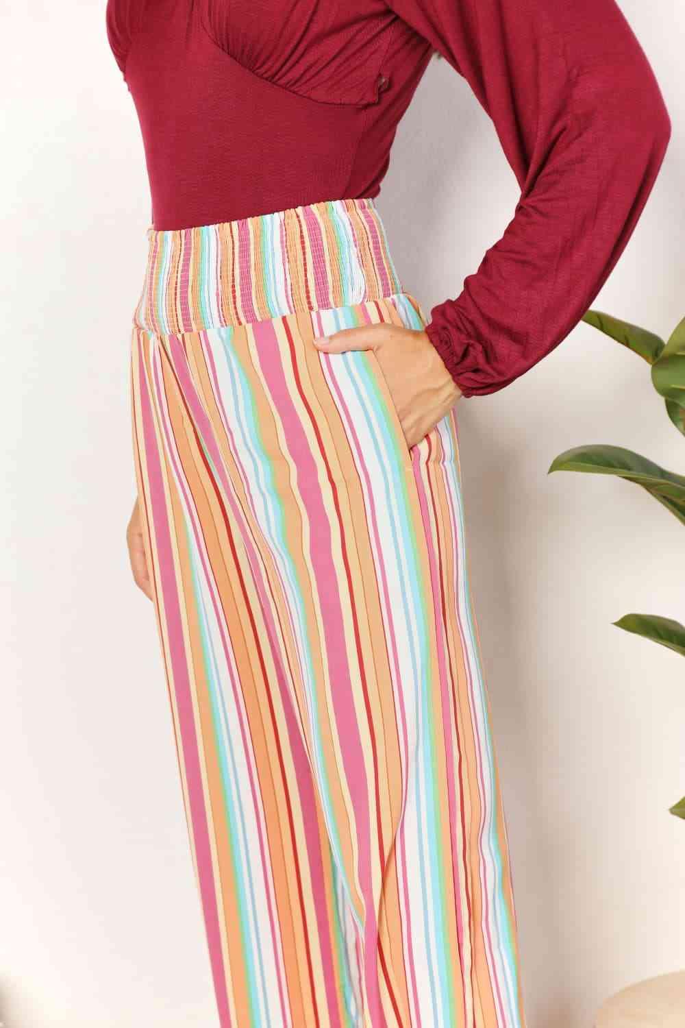 Double Take Striped Smocked Waist Pants with Pockets - Immenzive