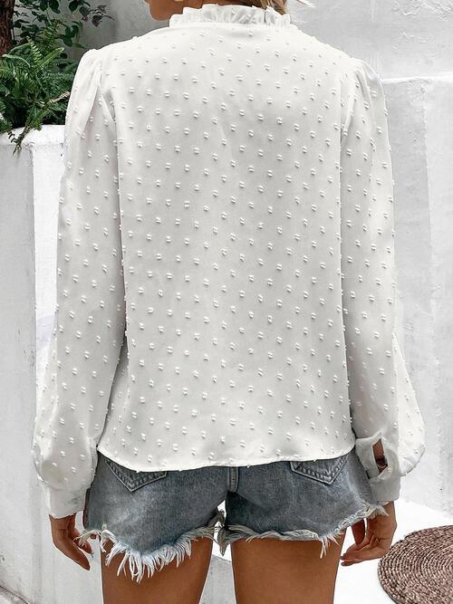 Double Take Swiss Dot Lace Trim Long Sleeve Shirt - Immenzive