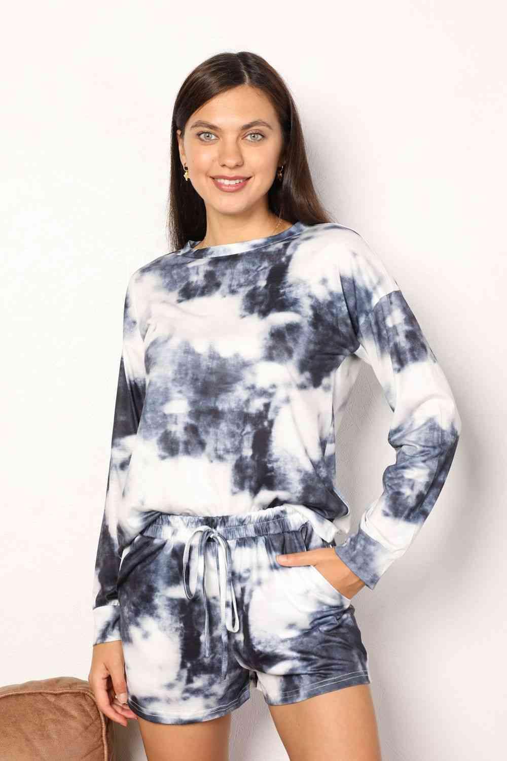 Double Take Tie-Dye Round Neck Top and Shorts Lounge Set - Immenzive