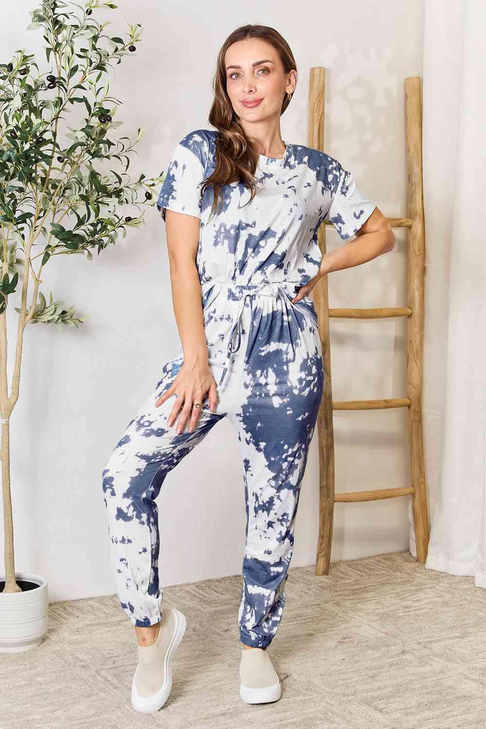 Double Take Tie-Dye Tee and Drawstring Waist Joggers Lounge Set - Immenzive