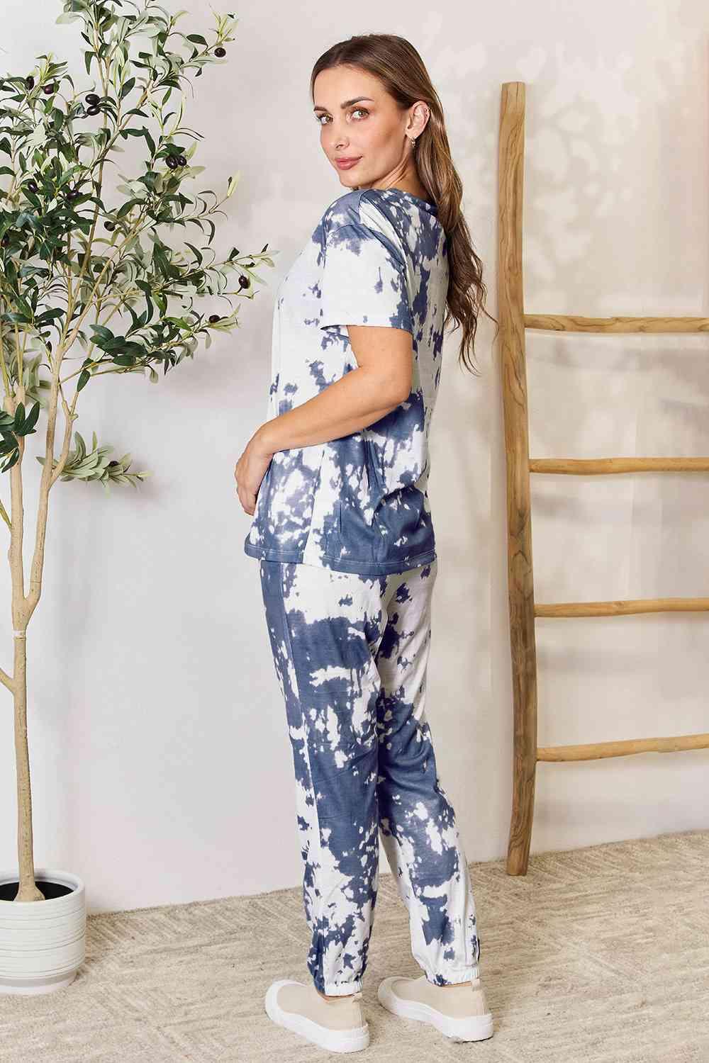 Double Take Tie-Dye Tee and Drawstring Waist Joggers Lounge Set - Immenzive