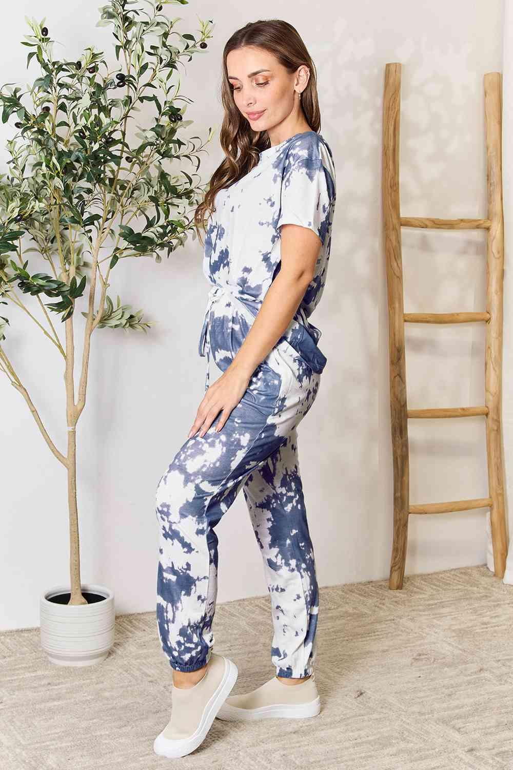 Double Take Tie-Dye Tee and Drawstring Waist Joggers Lounge Set - Immenzive