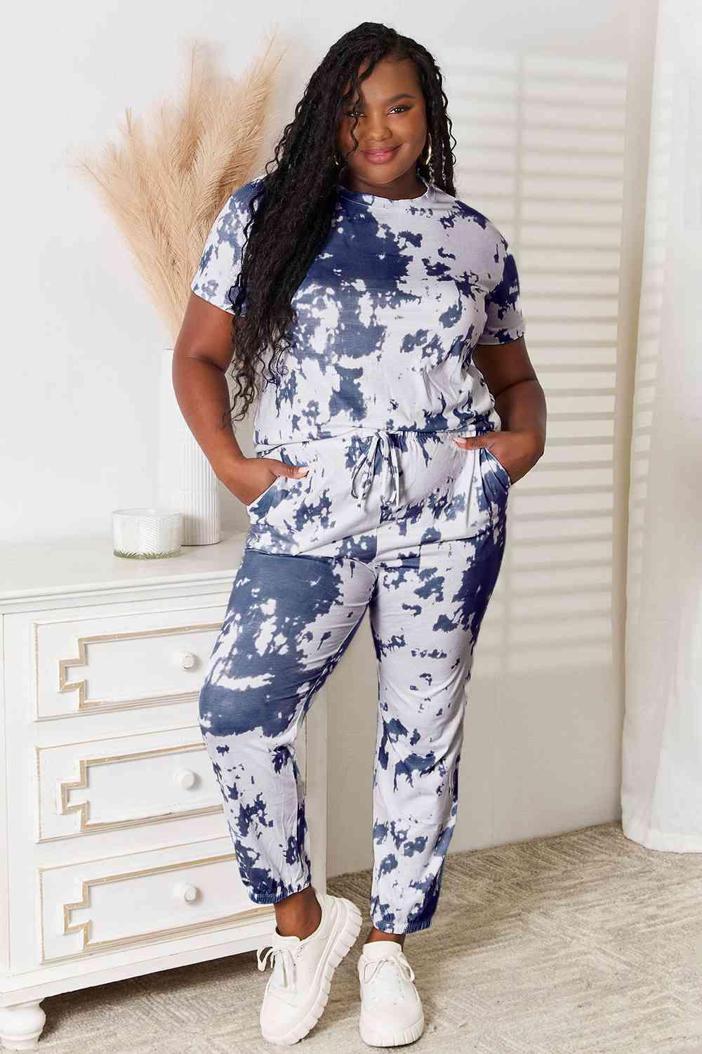 Double Take Tie-Dye Tee and Drawstring Waist Joggers Lounge Set - Immenzive