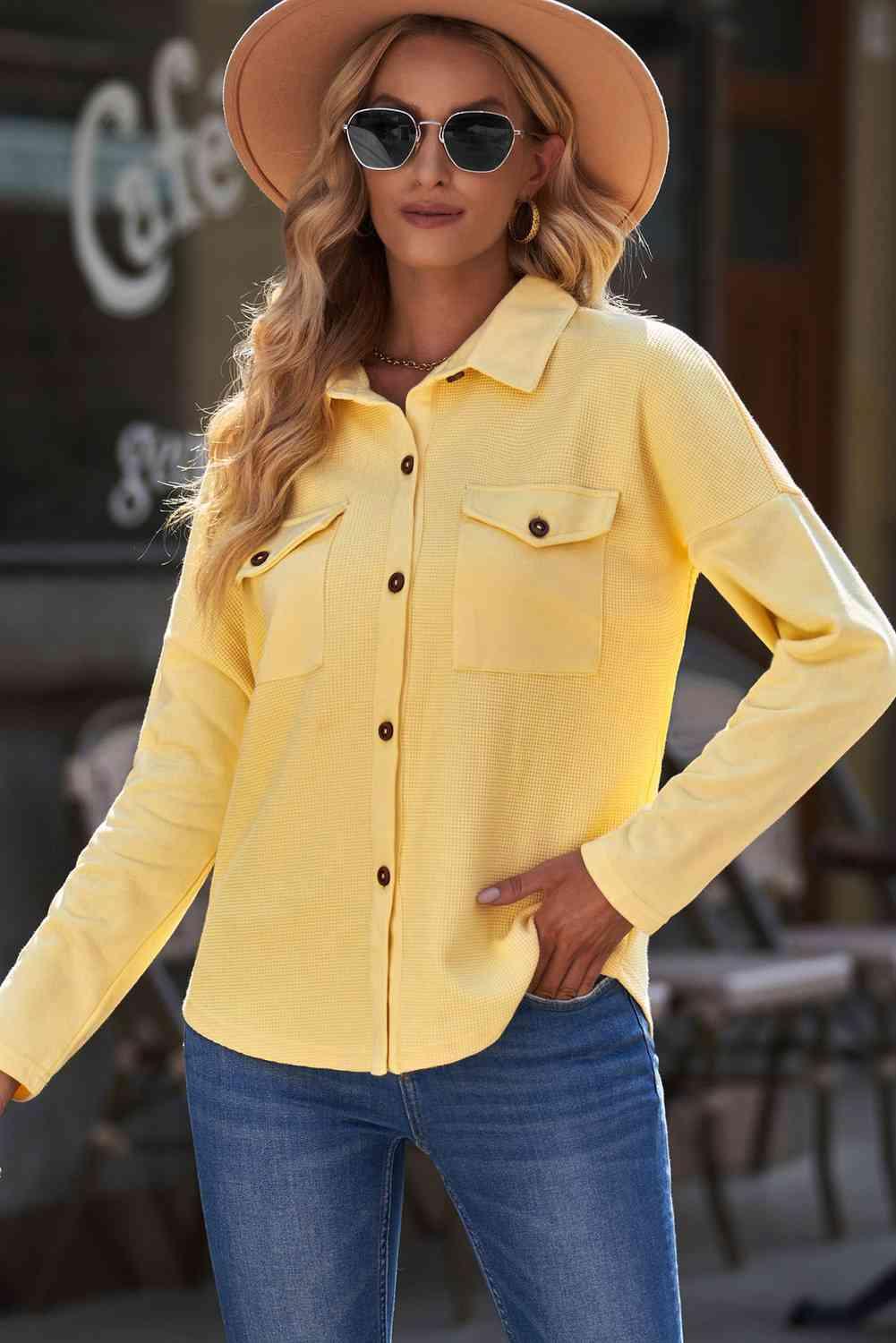 Double Take Waffle Knit Button Front Shirt with Breast Pockets - Immenzive