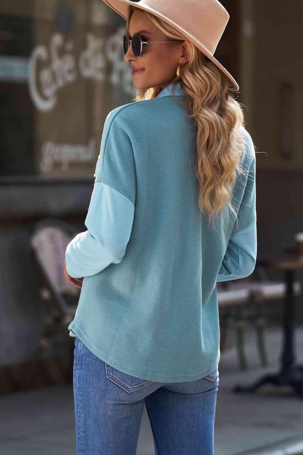 Double Take Waffle Knit Button Front Shirt with Breast Pockets - Immenzive