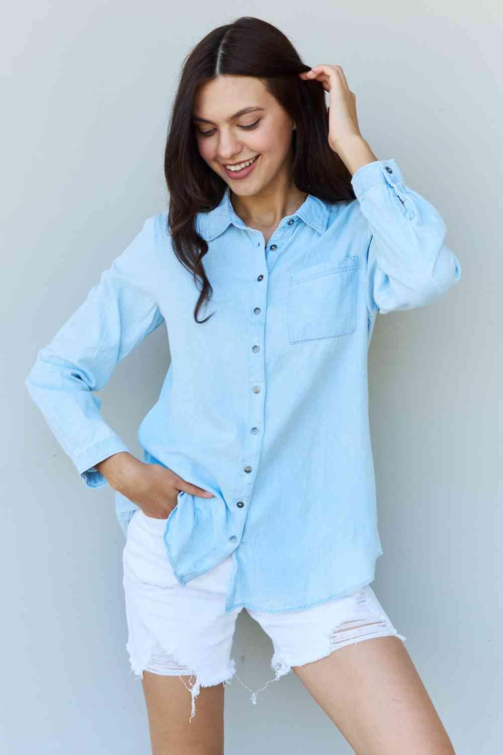 Doublju Blue Jean Baby Denim Button Down Shirt Top in Light Blue - Immenzive