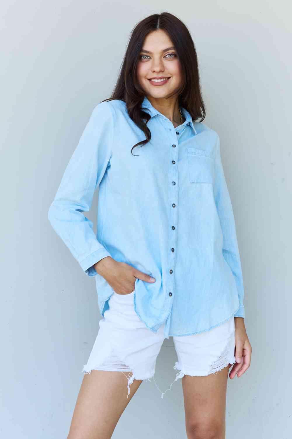 Doublju Blue Jean Baby Denim Button Down Shirt Top in Light Blue - Immenzive