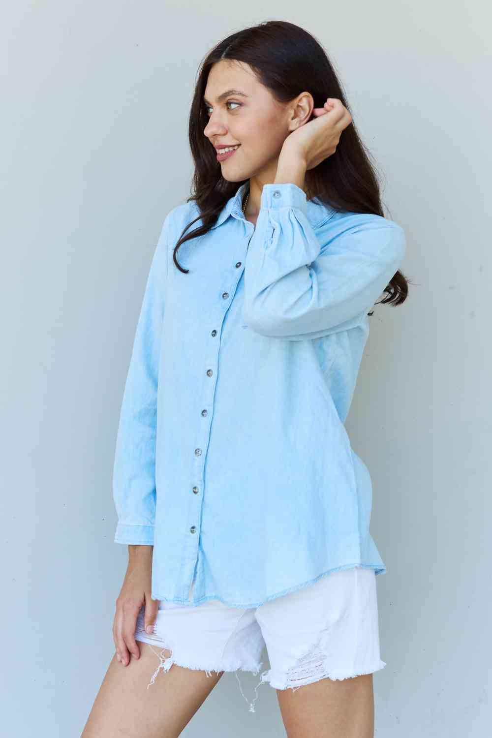 Doublju Blue Jean Baby Denim Button Down Shirt Top in Light Blue - Immenzive