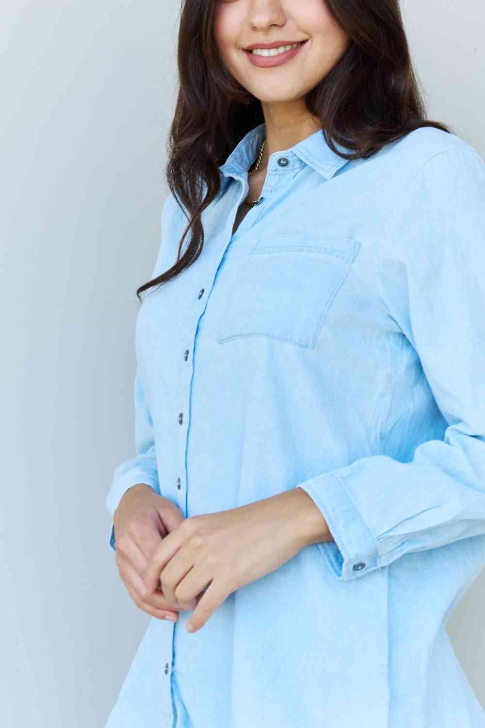 Doublju Blue Jean Baby Denim Button Down Shirt Top in Light Blue - Immenzive