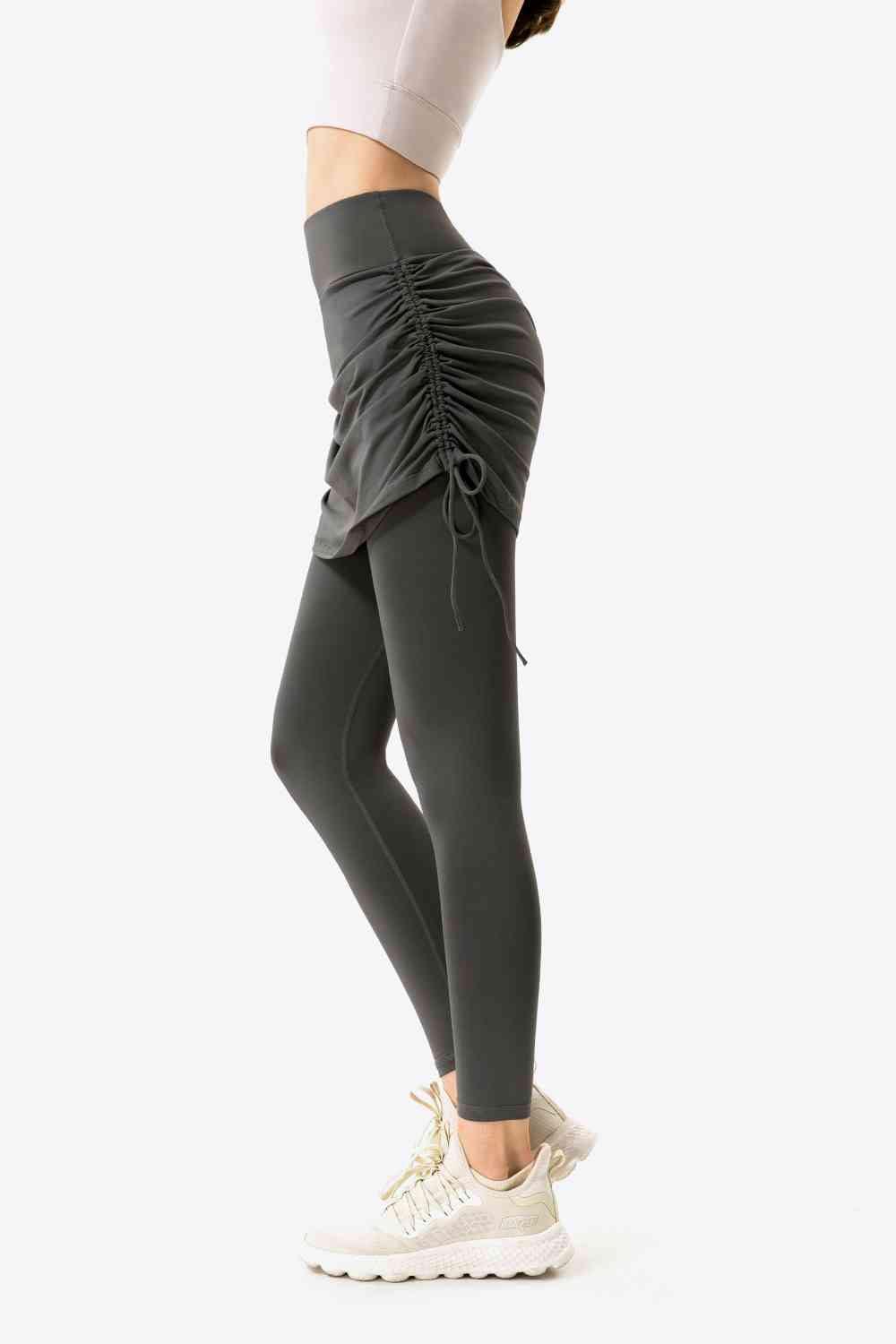 Drawstring Ruched Faux Layered Yoga Leggings - Immenzive