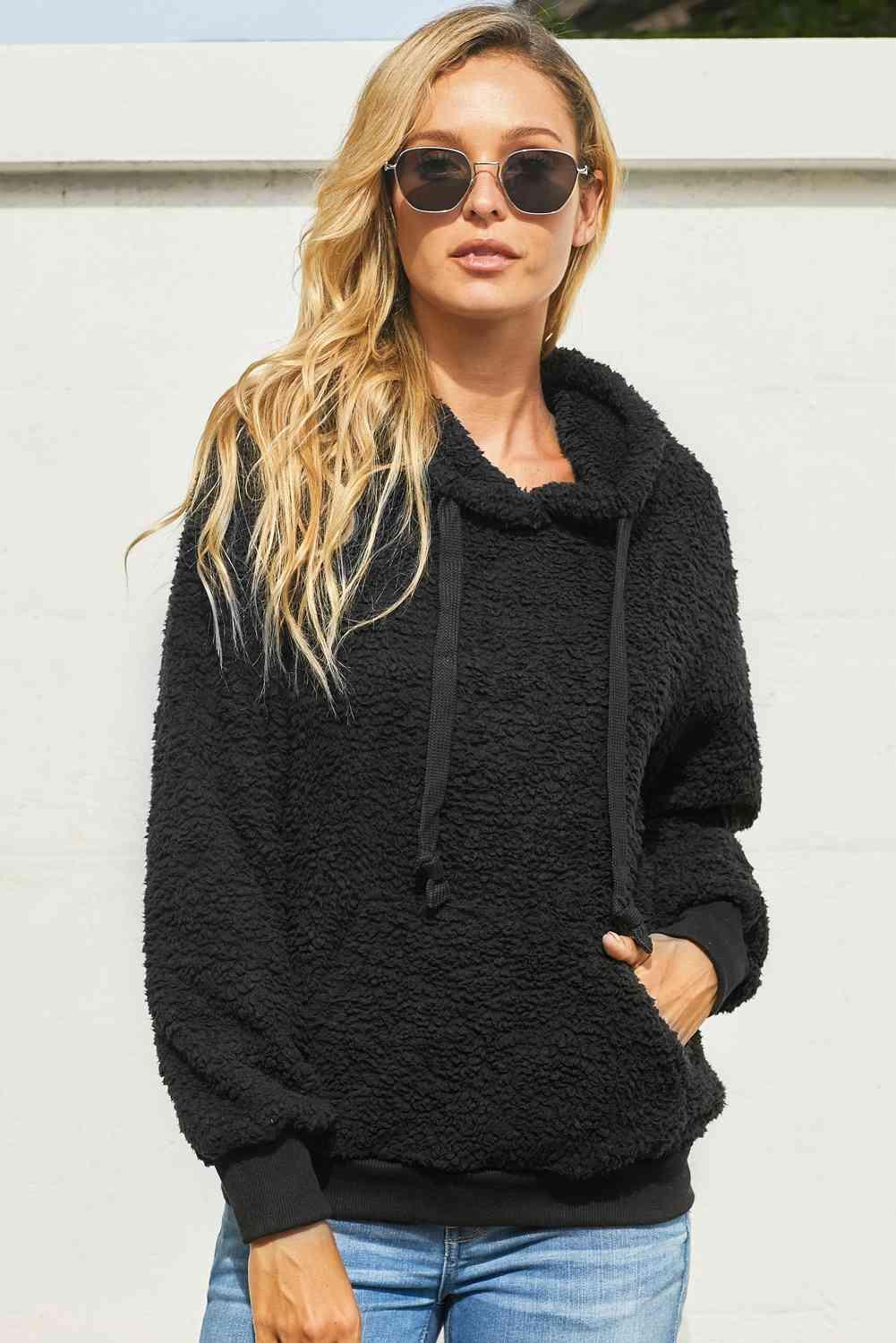 Drawstring Sherpa Hoodie with Pocket - Immenzive