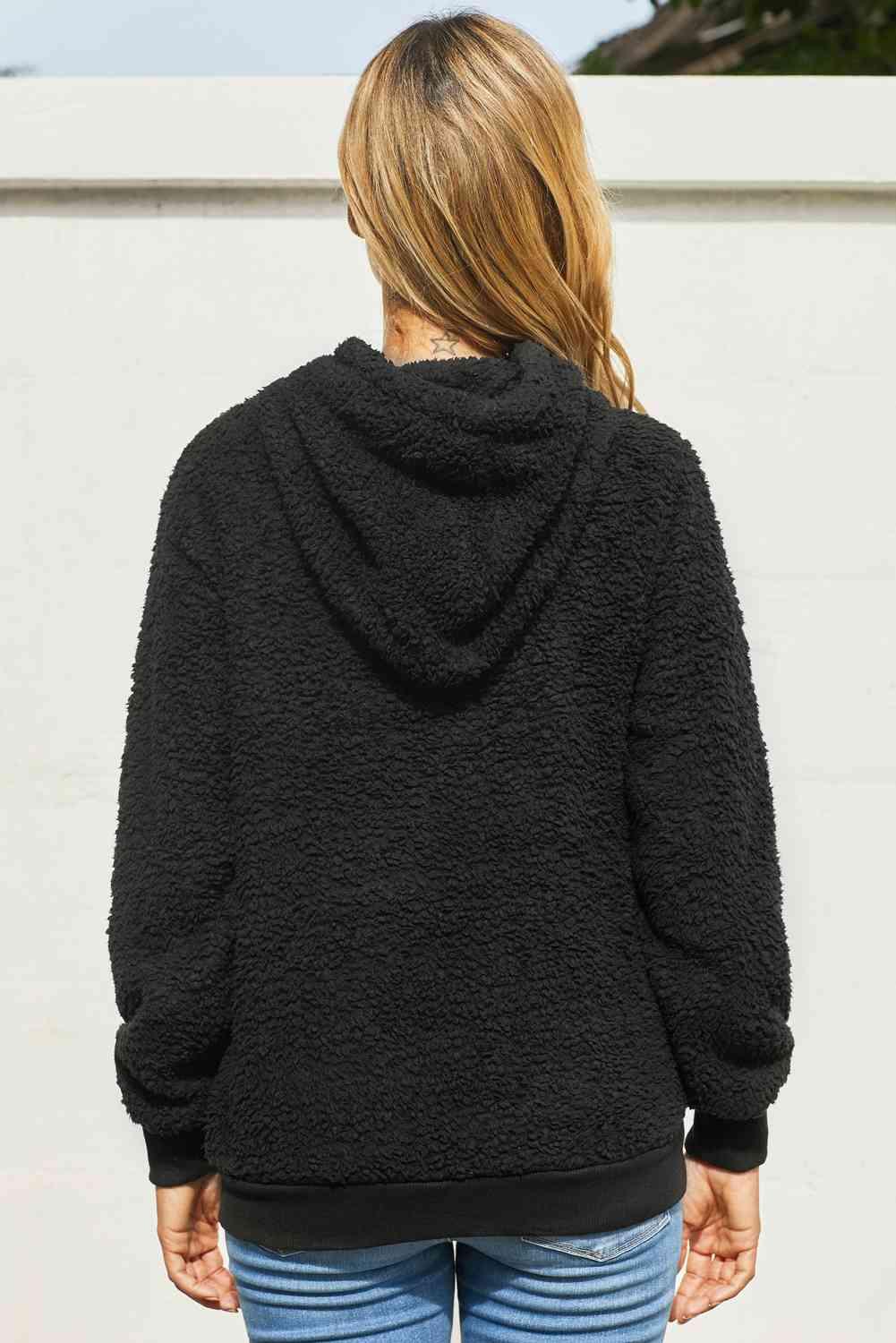 Drawstring Sherpa Hoodie with Pocket - Immenzive