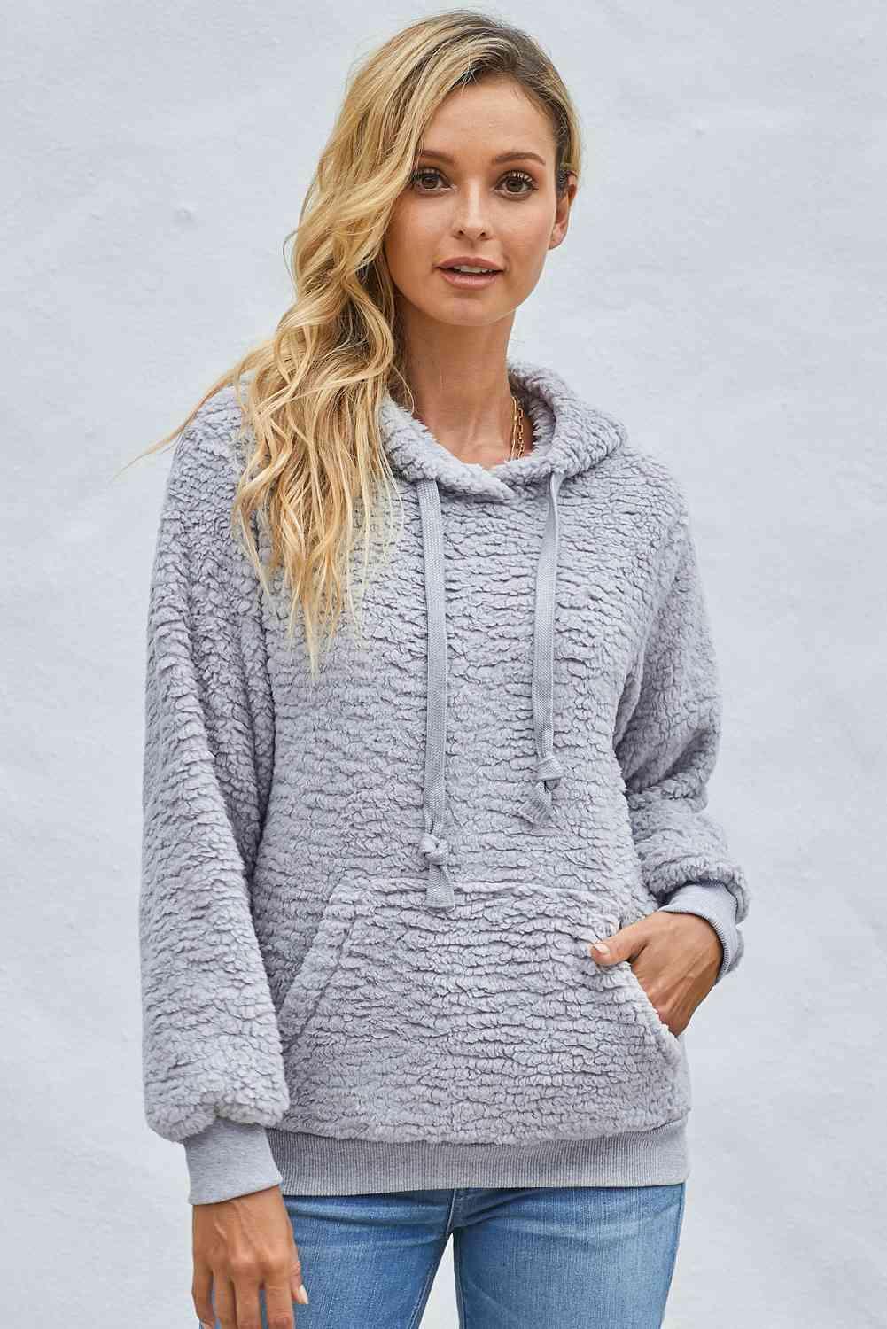 Drawstring Sherpa Hoodie with Pocket - Immenzive