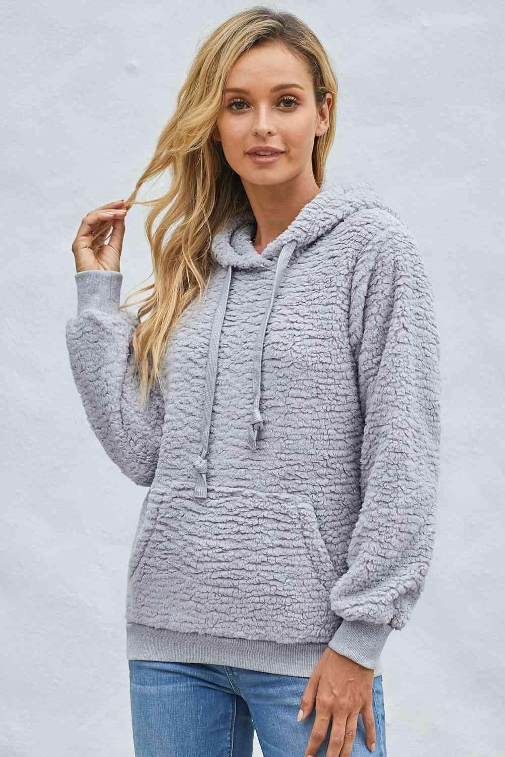 Drawstring Sherpa Hoodie with Pocket - Immenzive