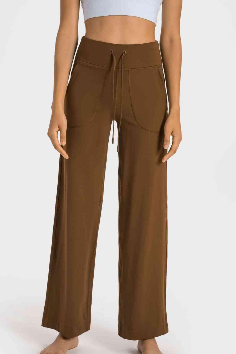 Drawstring Waist Wide Leg Sports Pants with Pockets - Immenzive