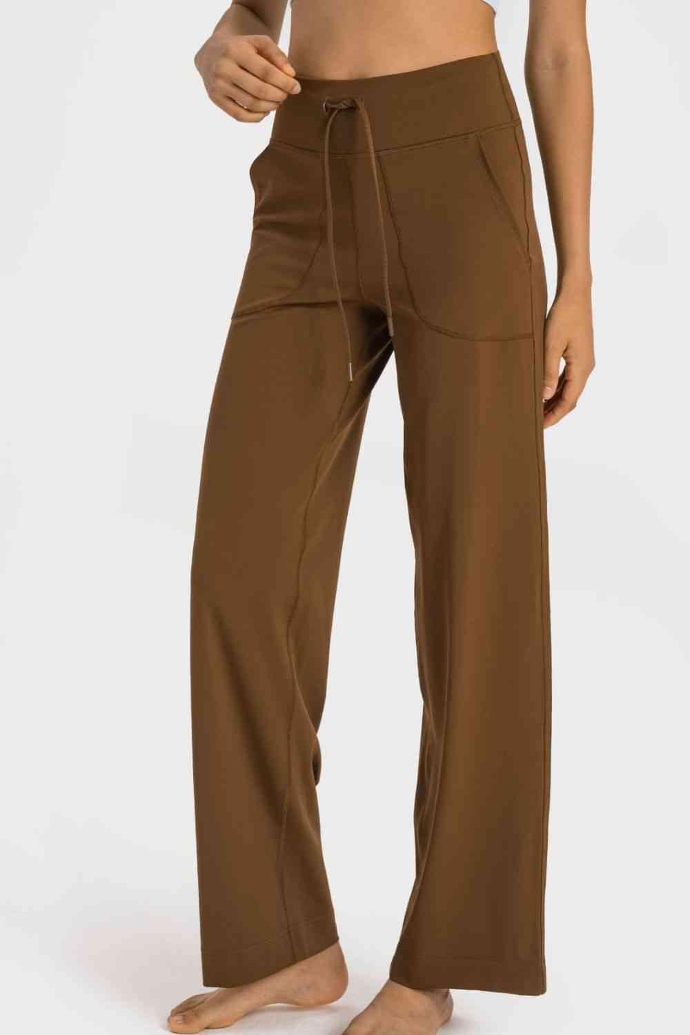Drawstring Waist Wide Leg Sports Pants with Pockets - Immenzive