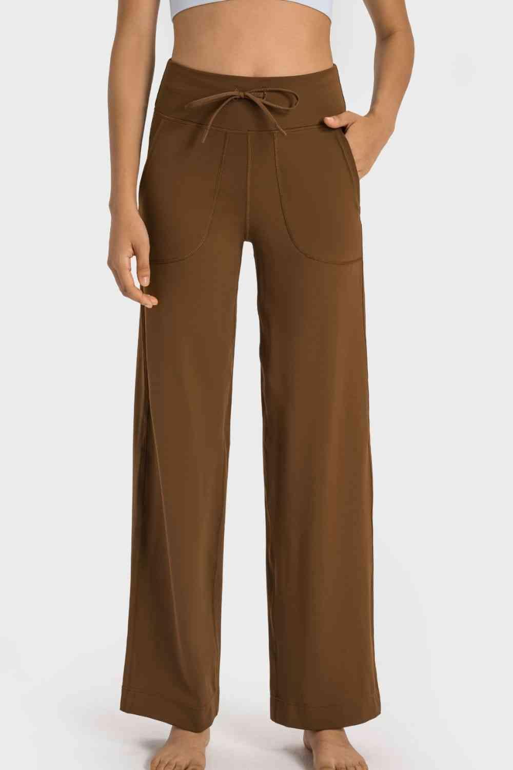 Drawstring Waist Wide Leg Sports Pants with Pockets - Immenzive