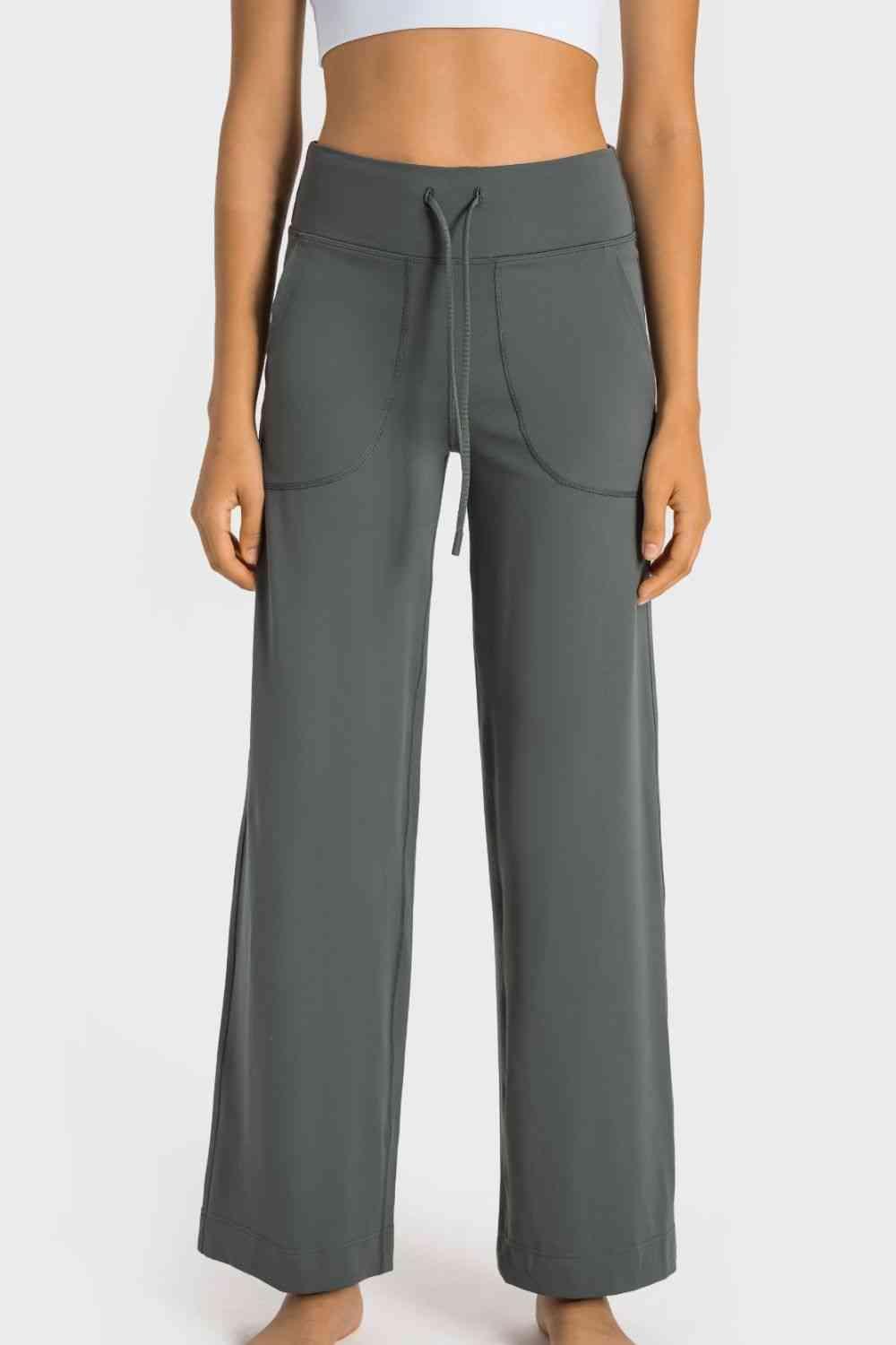 Drawstring Waist Wide Leg Sports Pants with Pockets - Immenzive
