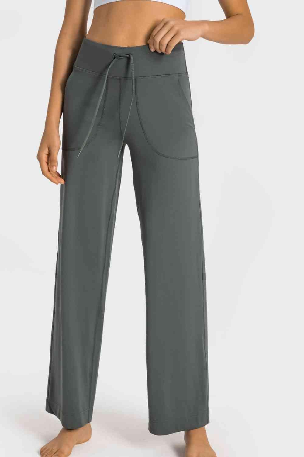 Drawstring Waist Wide Leg Sports Pants with Pockets - Immenzive