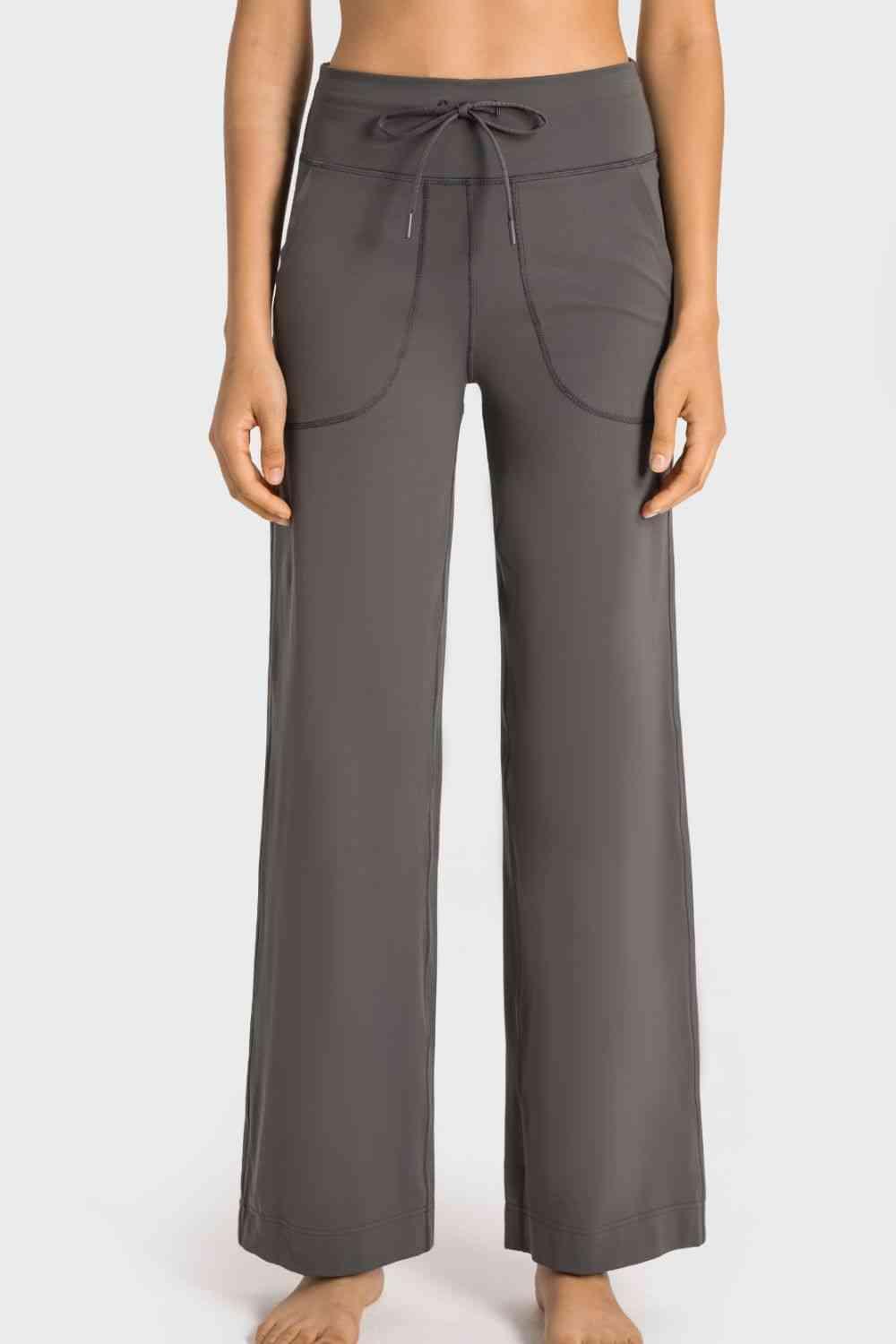 Drawstring Waist Wide Leg Sports Pants with Pockets - Immenzive
