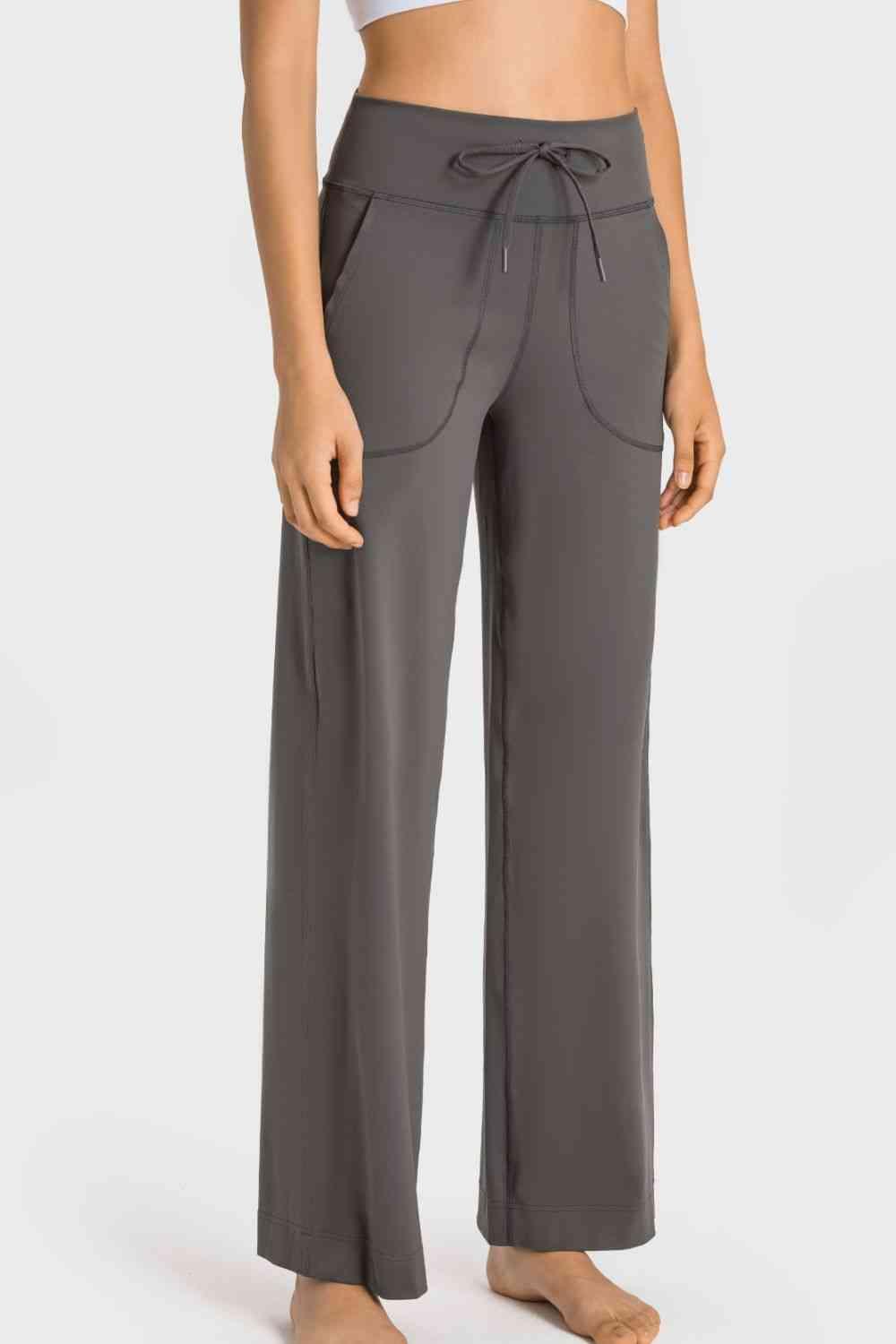 Drawstring Waist Wide Leg Sports Pants with Pockets - Immenzive