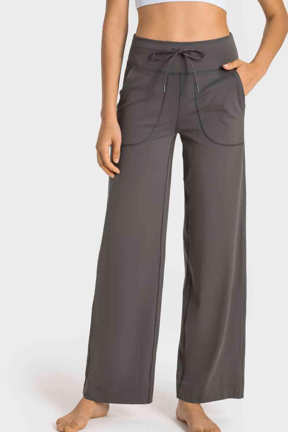 Drawstring Waist Wide Leg Sports Pants with Pockets - Immenzive