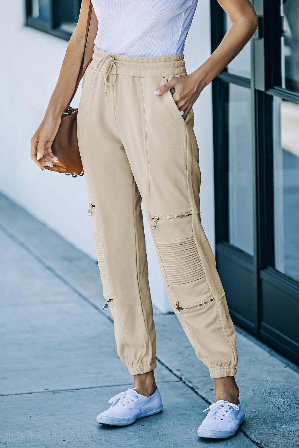 Drawstring Waist Zip Detail Joggers with Pockets - Immenzive