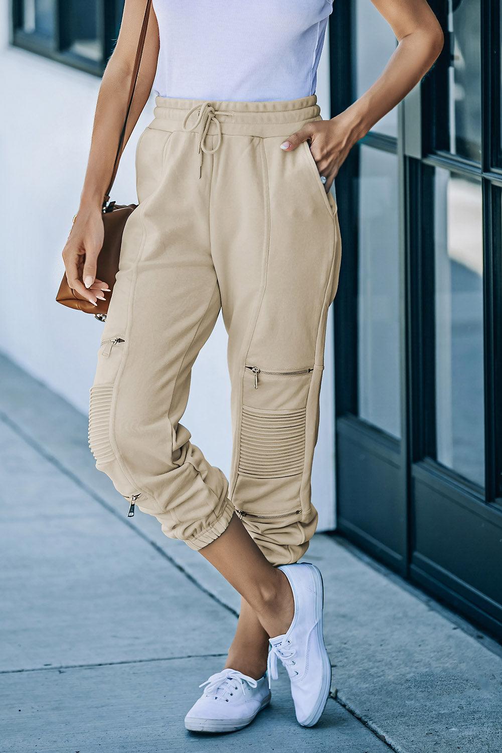 Drawstring Waist Zip Detail Joggers with Pockets - Immenzive