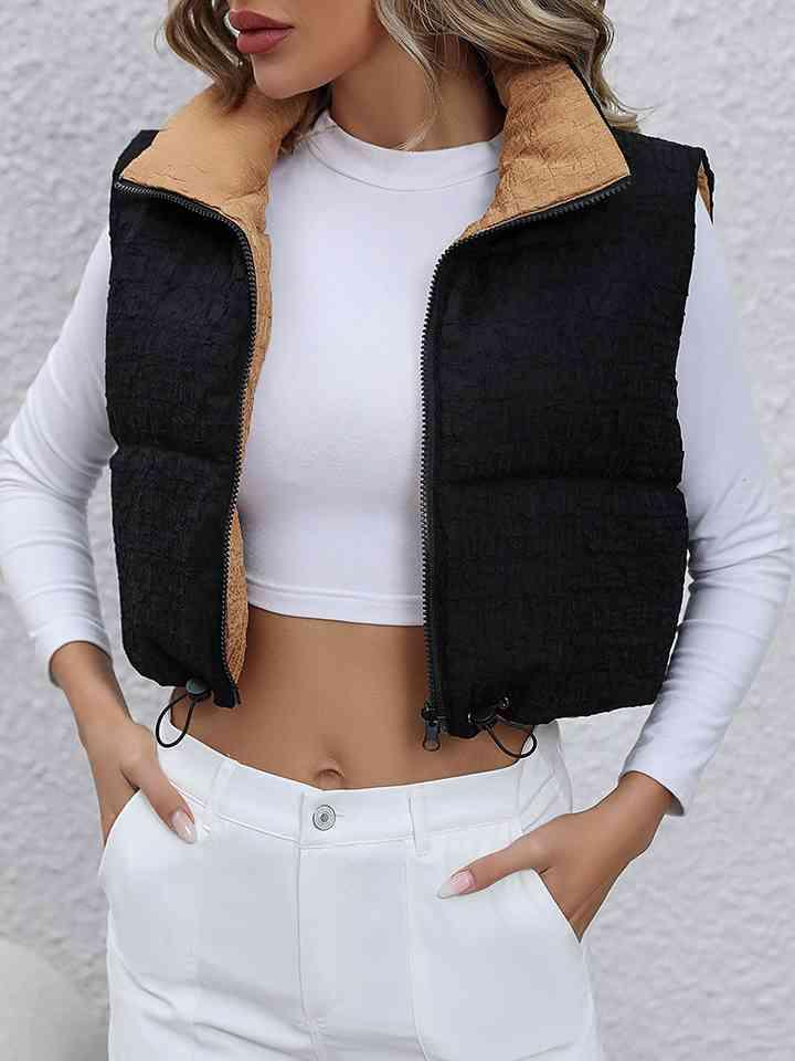 Drawstring Zip-Up Cropped Vest - Immenzive