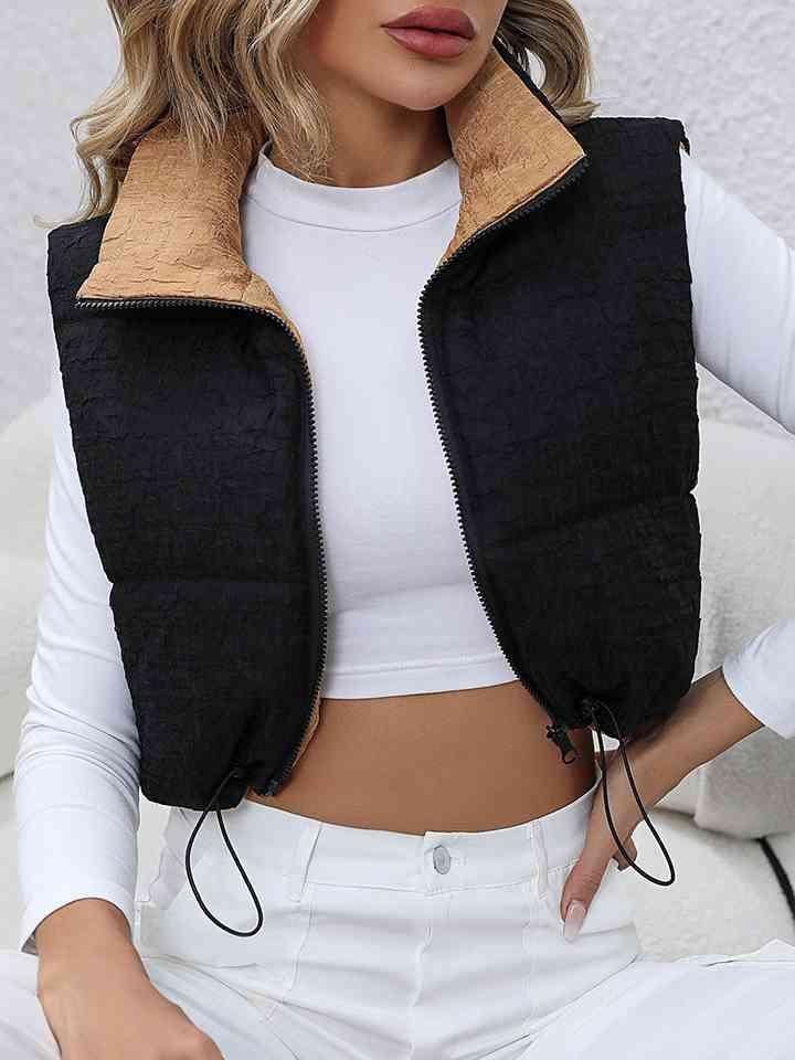 Drawstring Zip-Up Cropped Vest - Immenzive