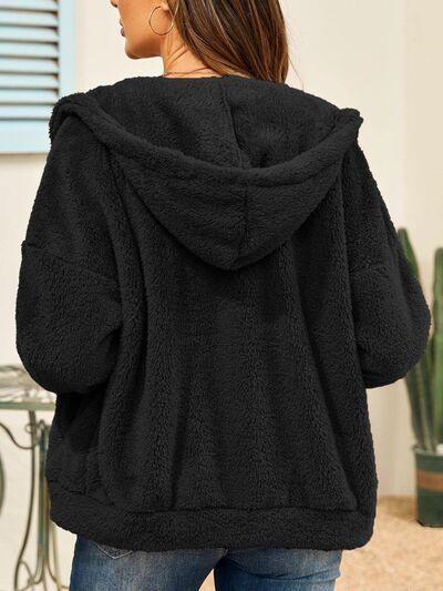 Drawstring Zip Up Hooded Plush Jacket - Immenzive