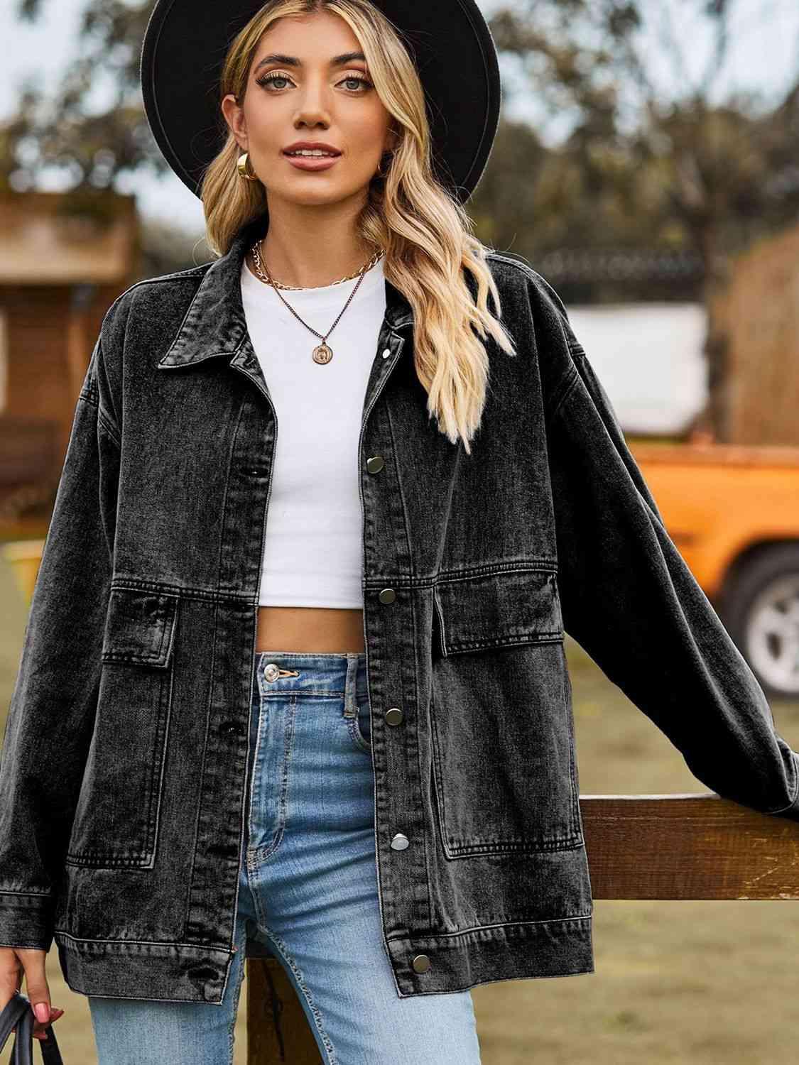 Dropped Shoulder Denim Jacket with Pockets - Immenzive