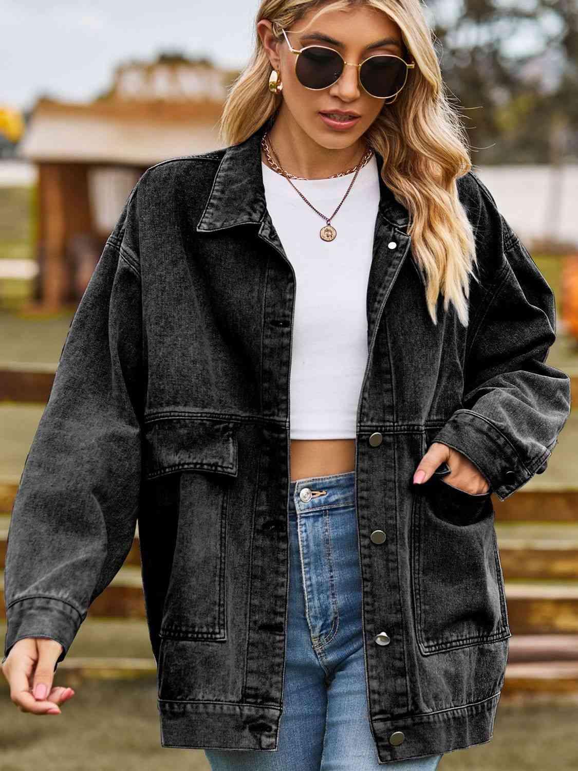 Dropped Shoulder Denim Jacket with Pockets - Immenzive