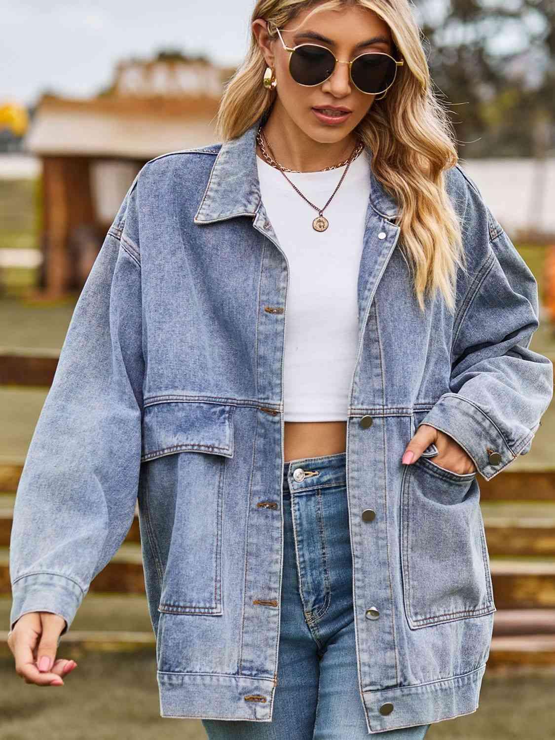 Dropped Shoulder Denim Jacket with Pockets - Immenzive