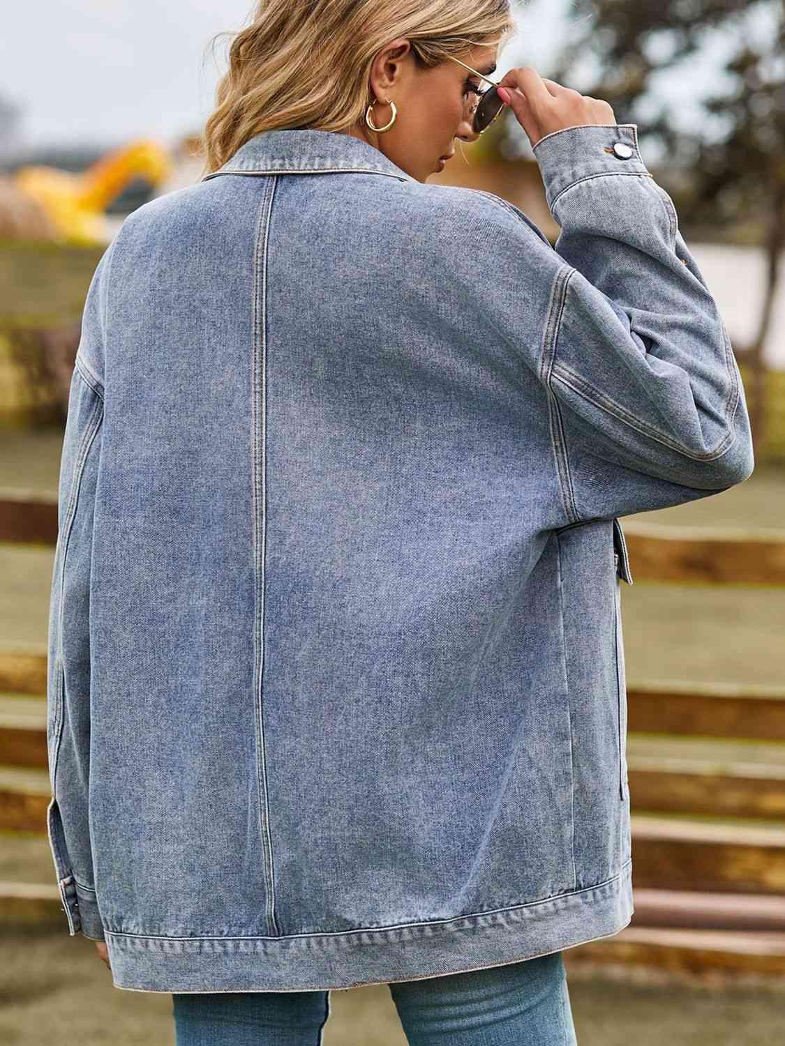 Dropped Shoulder Denim Jacket with Pockets - Immenzive