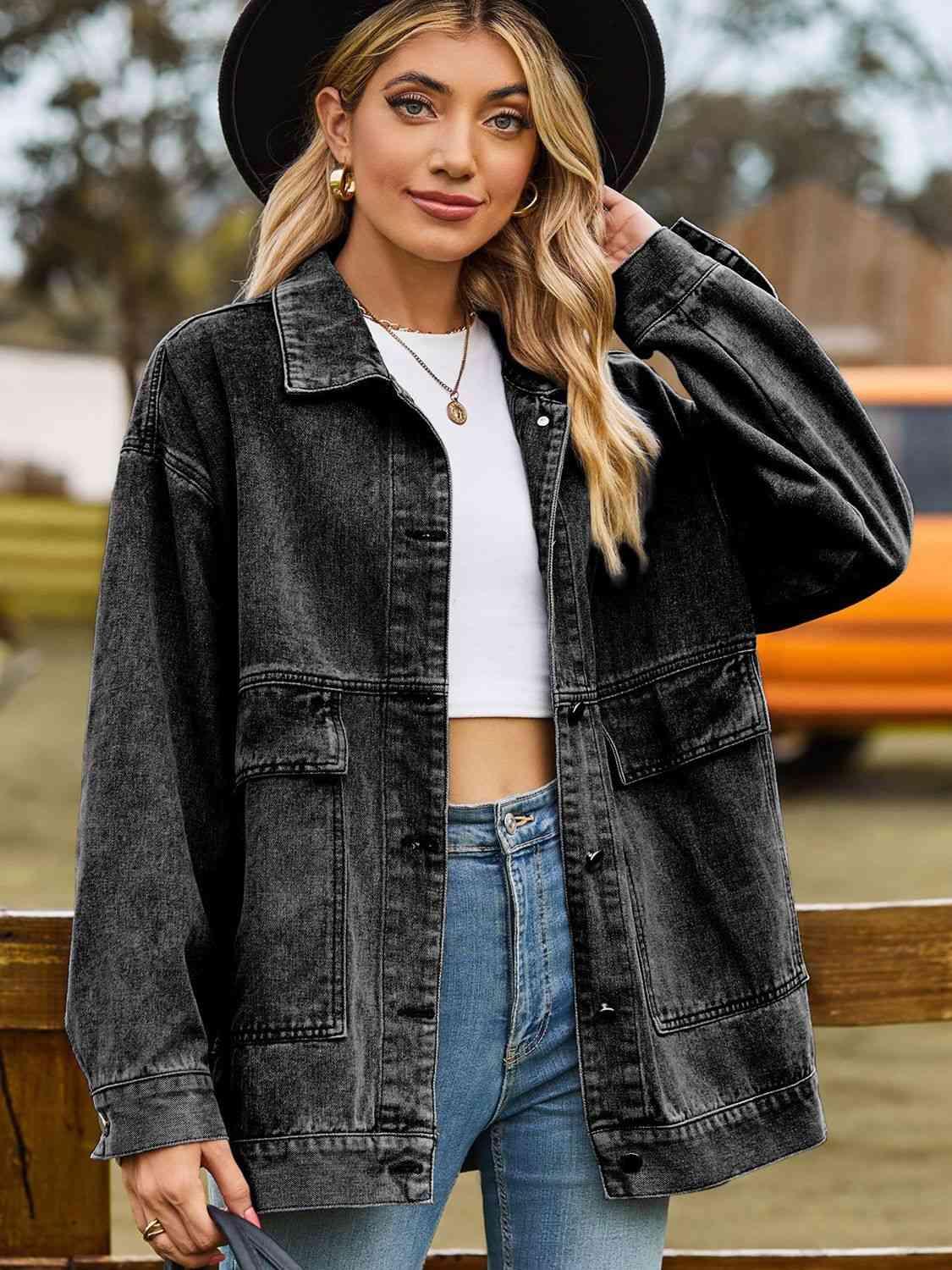 Dropped Shoulder Denim Jacket with Pockets - Immenzive