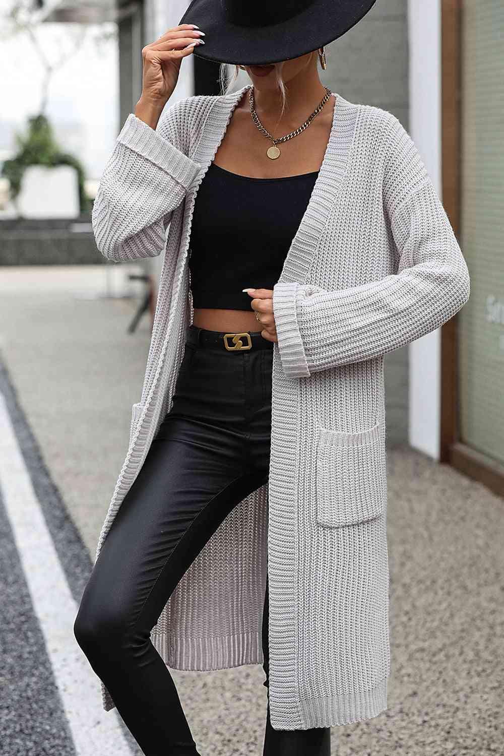 Dropped Shoulder Long Sleeve Cardigan with Pocket - Immenzive