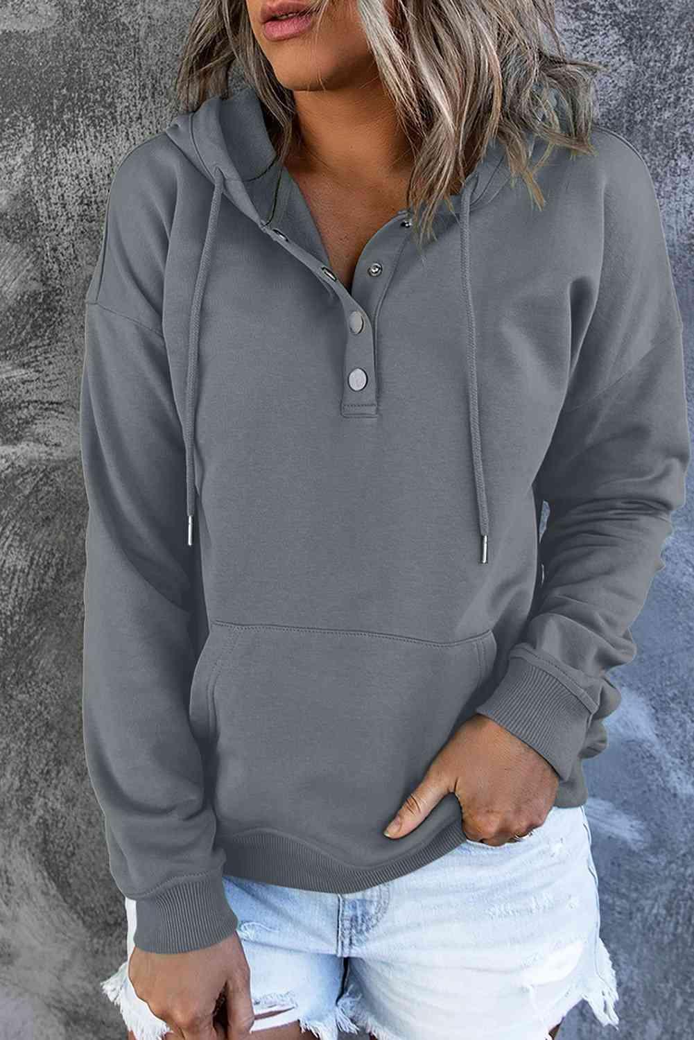 Dropped Shoulder Long Sleeve Hoodie with Pocket - Immenzive