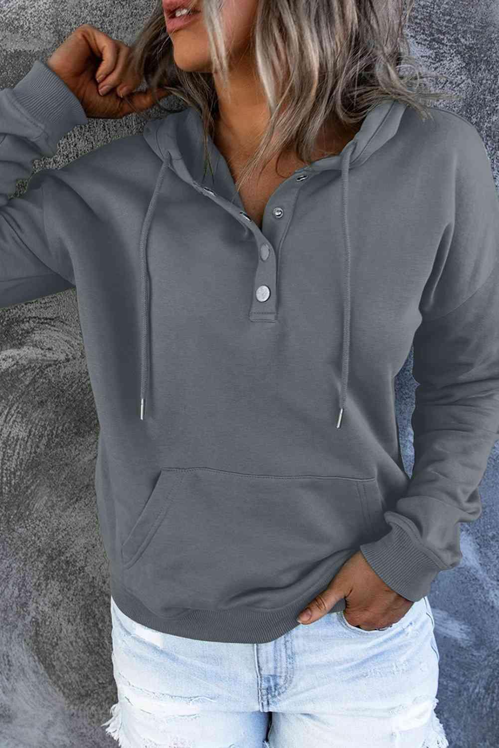 Dropped Shoulder Long Sleeve Hoodie with Pocket - Immenzive